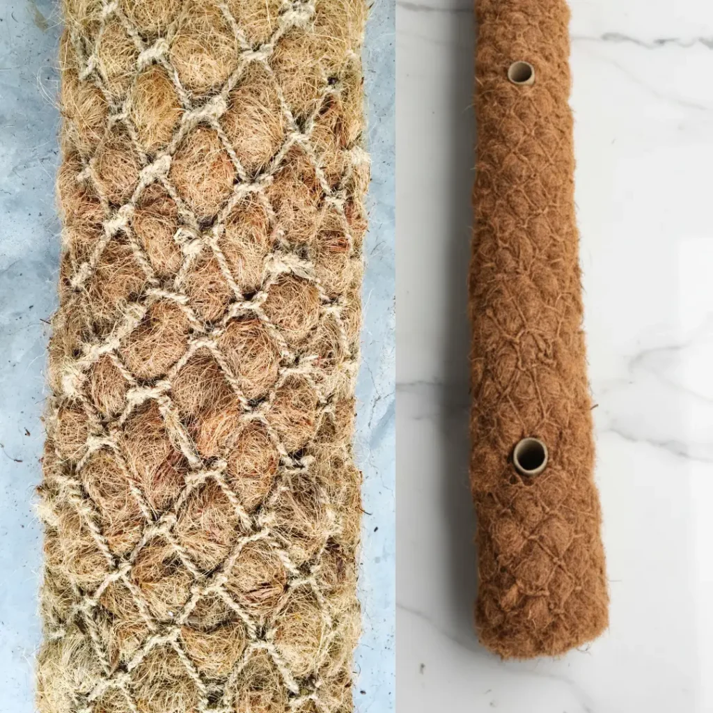 Close view of coco logs – natural biodegradable erosion control logs for slope stabilization, soil retention, landscaping, and environmental restoration projects