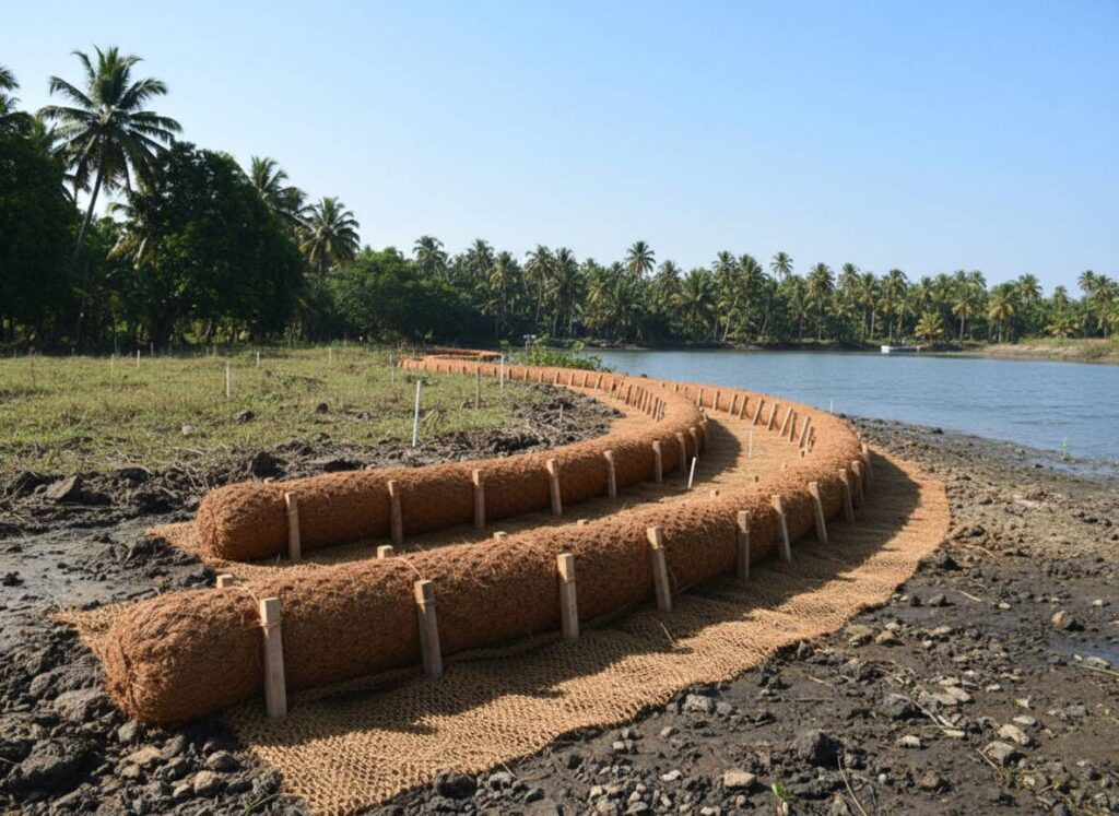 Coir logs application over a shore – natural biodegradable erosion control and shoreline stabilization for riverbanks, coastal defense, and restoration projects
