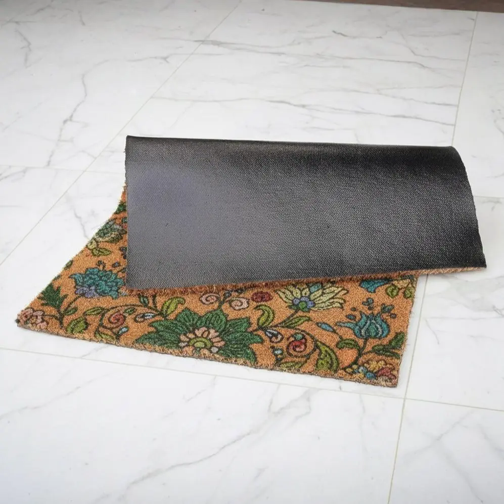 PVC tufted coir door mat folded to display antislip PVC backing – durable non-slip entrance mat front and back view