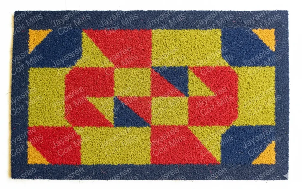 Coir fiber mat with abstract pattern and blue border – natural durable welcome mat for entrances