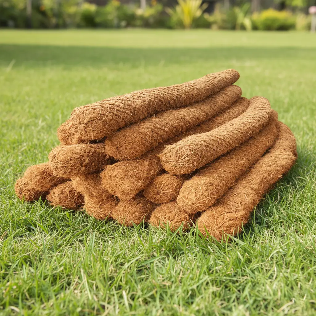Coco logs stacked – natural biodegradable erosion control logs for slope stabilization, soil retention, and landscaping projects