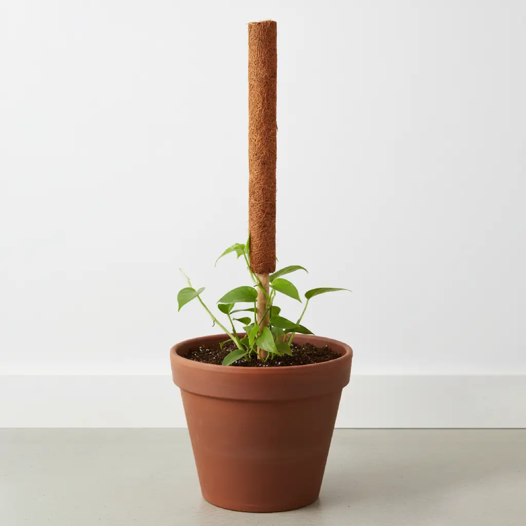 Coir poles (coco poles) placed in a pot with a climber – natural support stick for indoor and outdoor plant growth