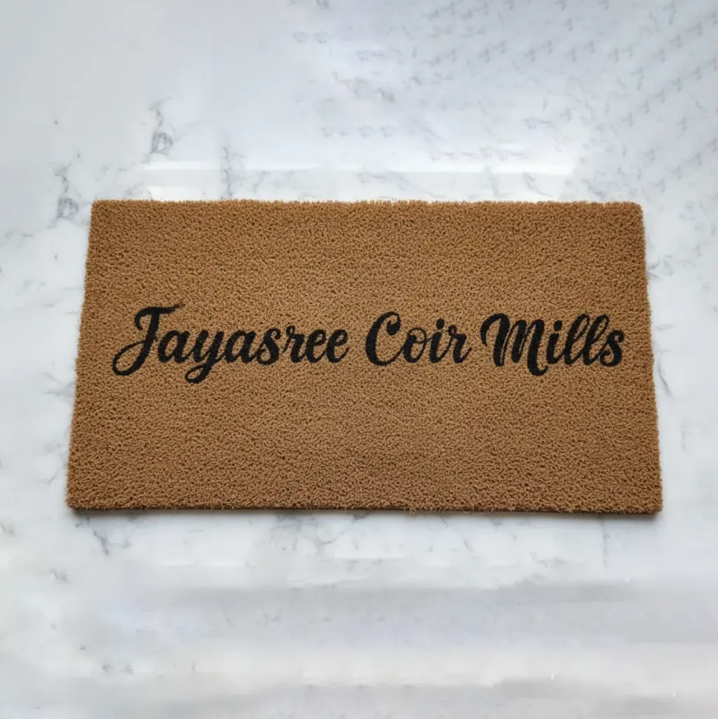 Coir creel mat with Jayasree Coir Mills printed – durable natural fiber matting for commercial entrances