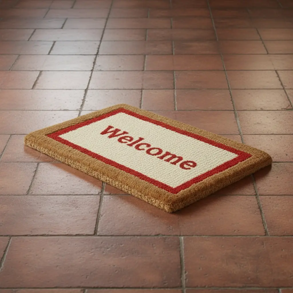 Coir fiber mat with Welcome printed on white background and red border – natural durable entrance mat