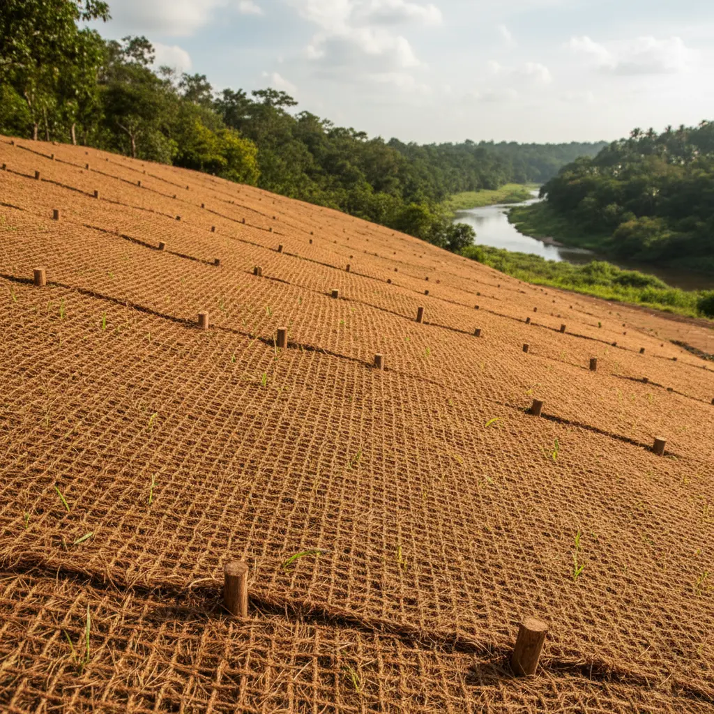 Coir geotextiles application over a slope – eco-friendly erosion control and soil stabilization solution for landscaping, farming, and civil engineering projects