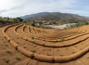 Coir logs placed for soil erosion control – natural biodegradable logs for slope stabilization and soil protection in landscaping and construction projects