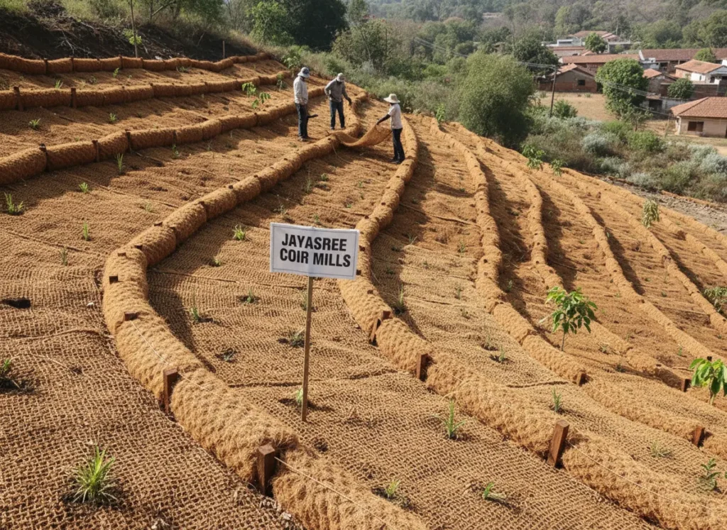 Coir logs used for erosion control and slope stabilization on a hilly area – natural biodegradable solution for soil retention in farming and landscaping applications