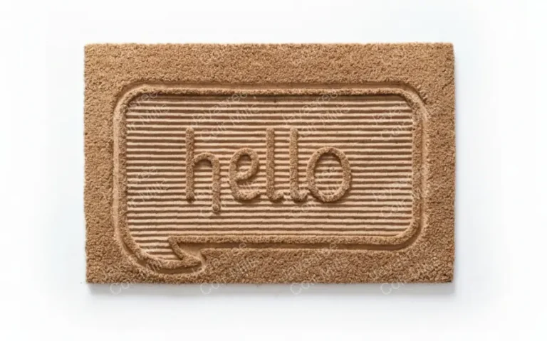 Coir door mat with "Hello" embossed in raised latex letters, made from natural coconut fiber with non-slip backing, perfect for welcoming guests at entryways