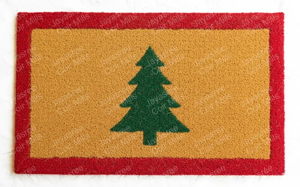 Coir fiber mat with red border and Christmas tree design – natural festive welcome mat for entrances