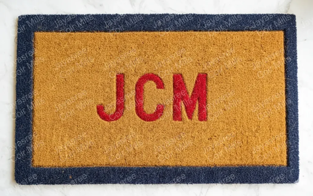 Coir fiber mat with JCM printed in red and blue border – natural durable welcome mat for entrances