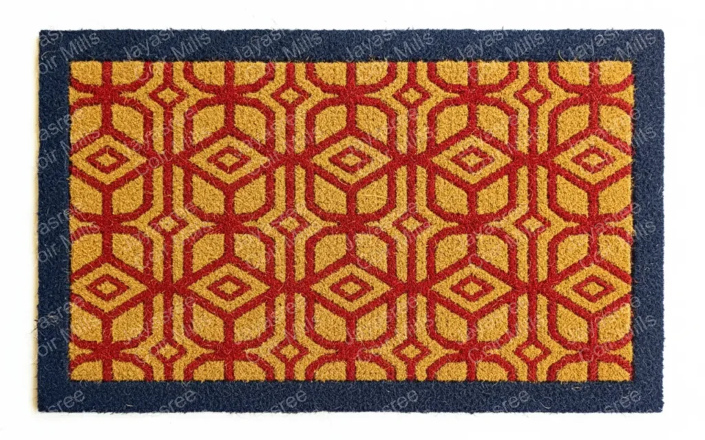Coir fiber mat with blue border and red pattern – natural durable entrance mat