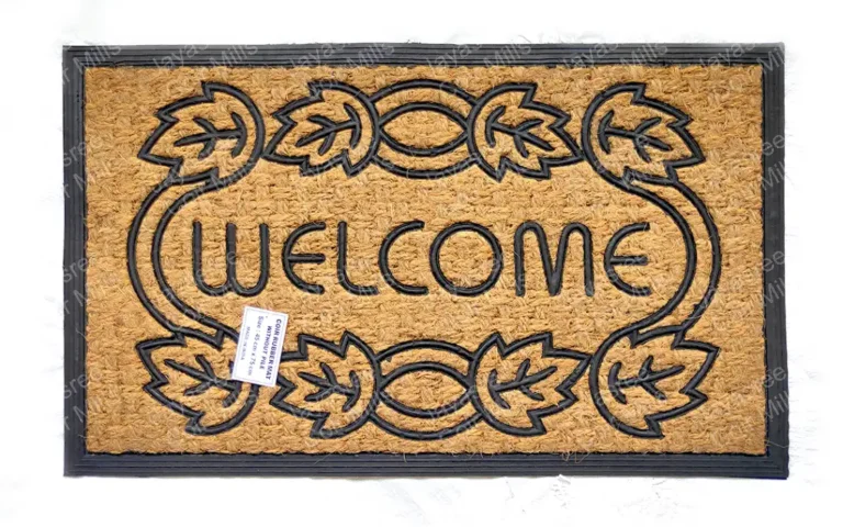 Rubber moulded panama door mat without pile featuring Welcome text and decorative leaves design – durable non-shedding entrance mat