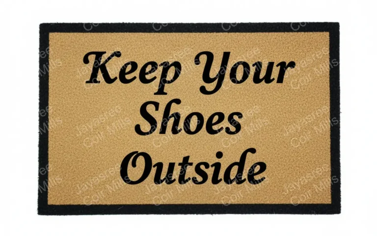 PVC tufted coir door mat with Keep Your Shoes Outside message and black border – durable welcome mat with non-slip backing for entrances