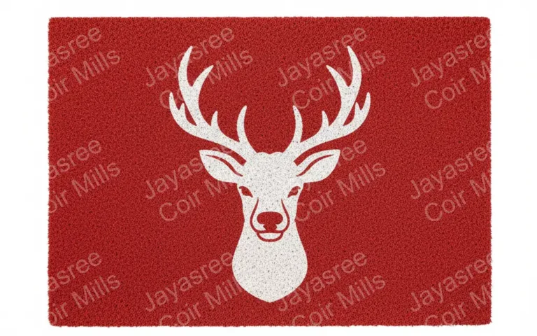 PVC tufted coir door mat with reindeer image on red background – festive non-slip entrance mat