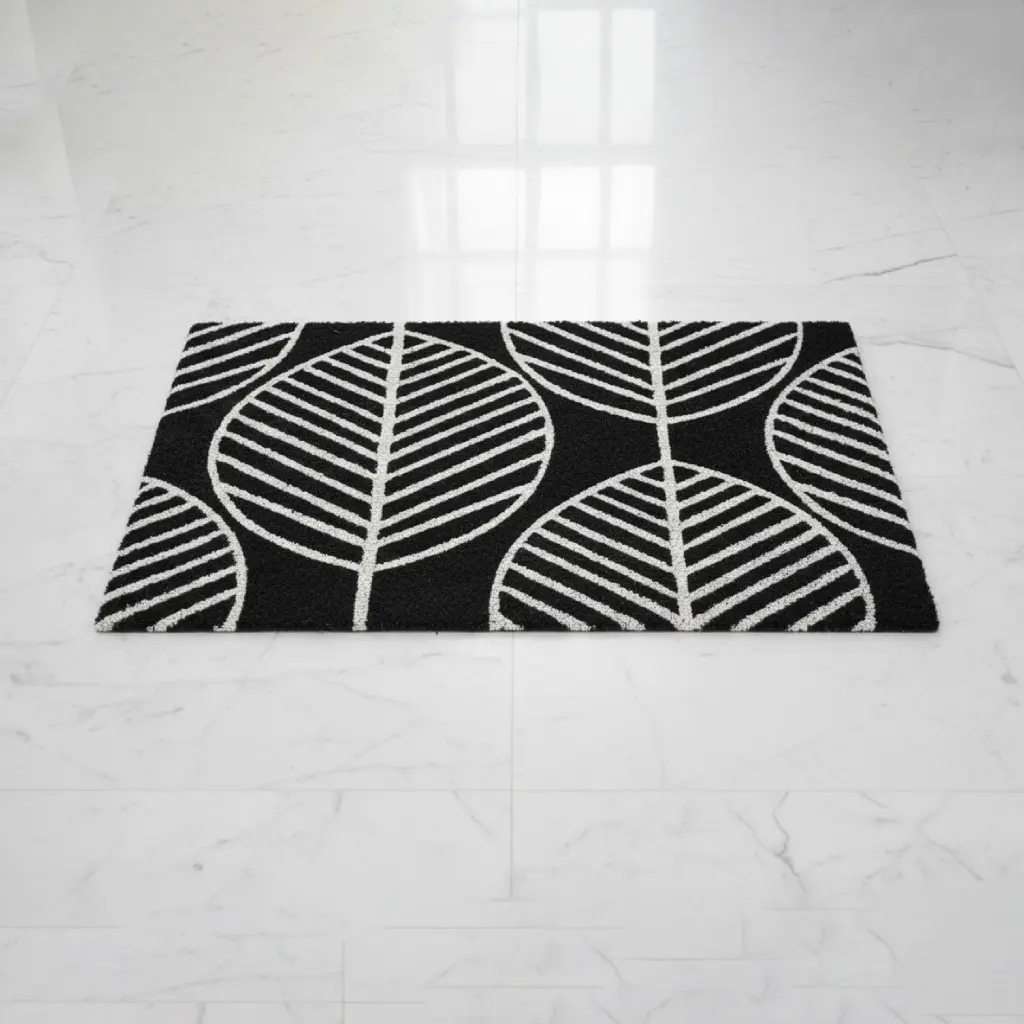 PVC tufted coir mat, black mat with white leaves design – durable non-slip entrance mat
