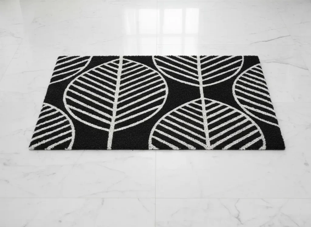 PVC tufted coir mat, black background with white leaves design – durable non-slip entrance mat