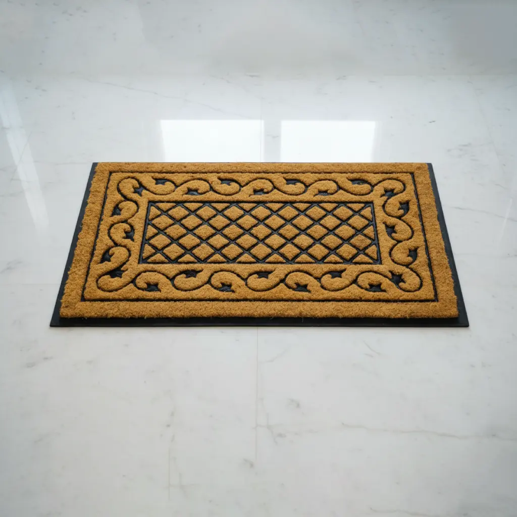 Rubber moulded mat with pile and brush, placed on marble floor – durable heavy-duty entrance mat