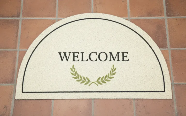 Half round PVC tufted coir door mat with Welcome and olive leaves design – durable entrance mat with non-slip backing
