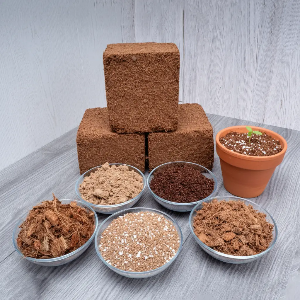 Coir pith, pith blocks, and products including cocopeat and coconut husk chips – natural soil conditioner and growing media for horticulture and agriculture