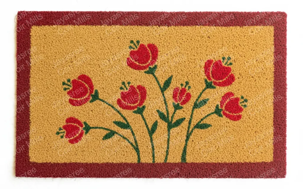 Coir fiber mat with red border and floral design inside – natural durable welcome mat for entrances