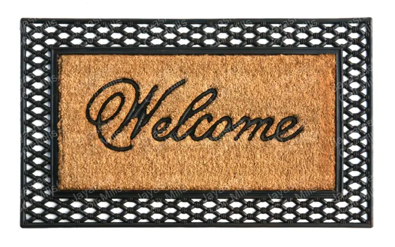 Rubber moulded brush mat with cast iron style outer grill and Welcome design – durable door mat with strong cleaning bristles and decorative entry accent